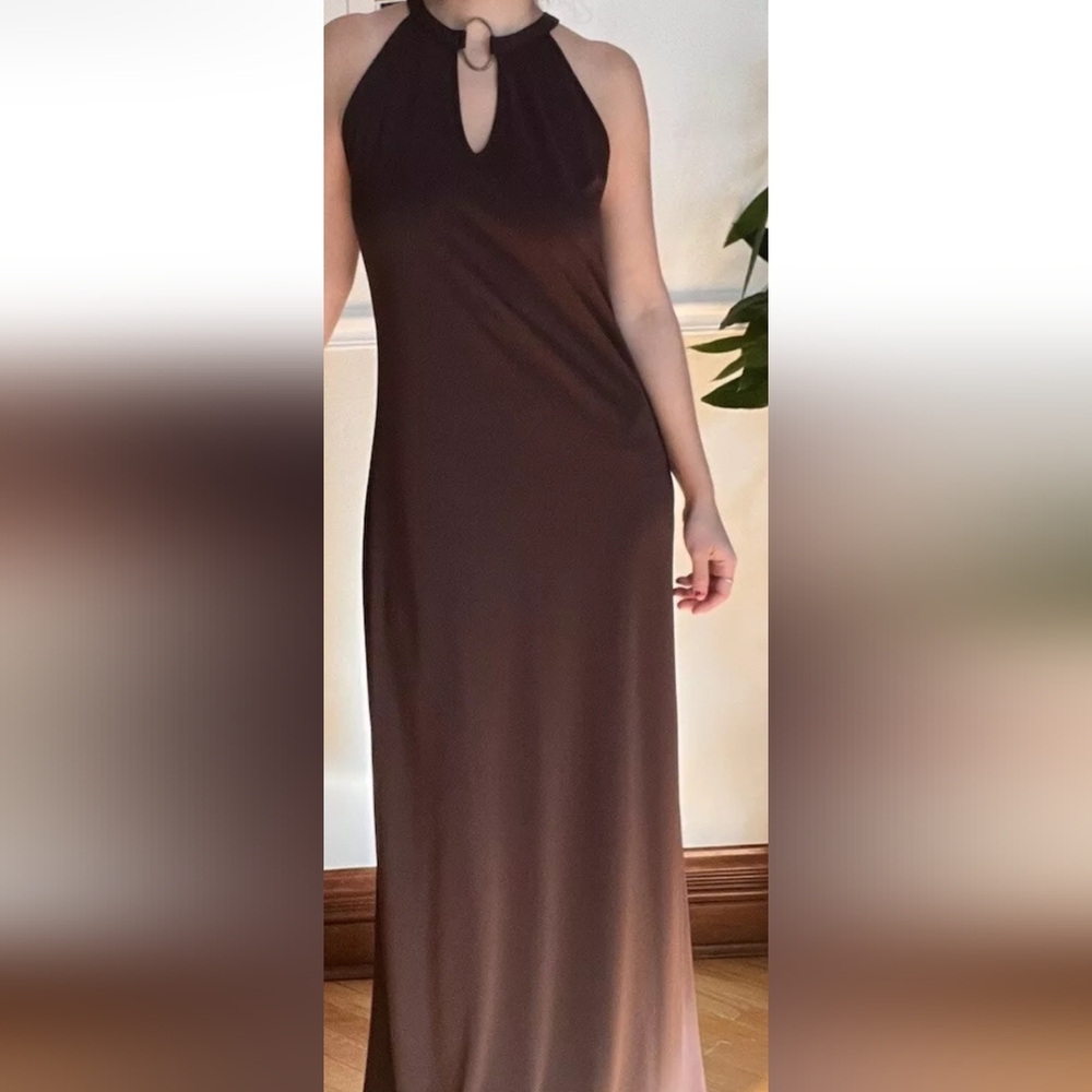 NWT Cider Brown Satin Halter Neck Backless O-Ring Maxi Dress Small Pettite